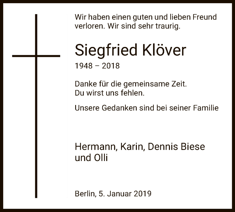  Traueranzeige für Siegfried Klöver vom 05.01.2019 aus HNA