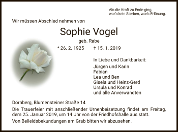 Traueranzeige von Sophie Vogel von HNA