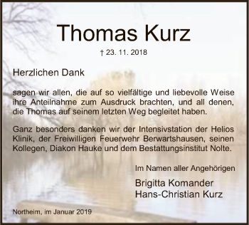 Traueranzeige von Thomas Kurz von HNA