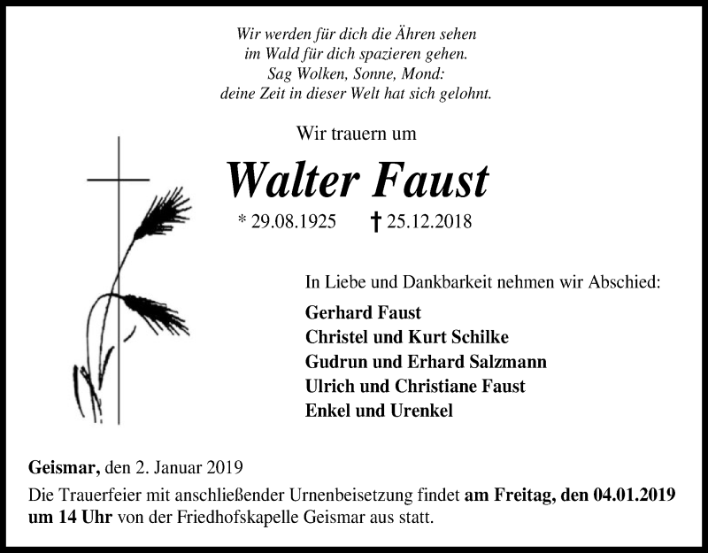  Traueranzeige für Walter Faust vom 02.01.2019 aus HNA