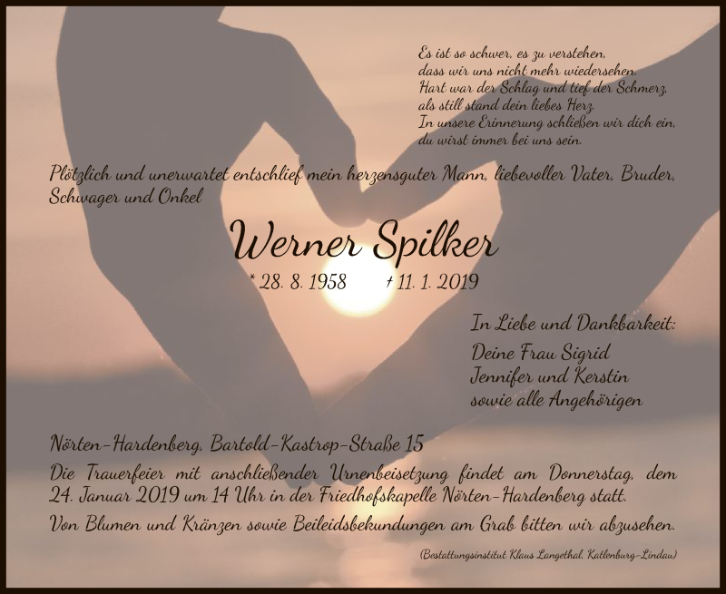  Traueranzeige für Werner Spilker vom 19.01.2019 aus HNA