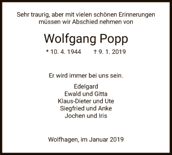 Traueranzeige von Wolfgang Popp von HNA
