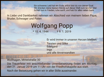 Traueranzeige von Wolfgang Popp von HNA