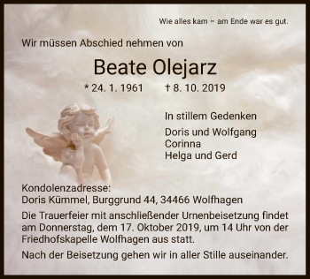 Traueranzeige von Beate Olejarz von HNA