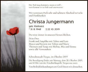 Traueranzeige von Christa Jungermann von HNA