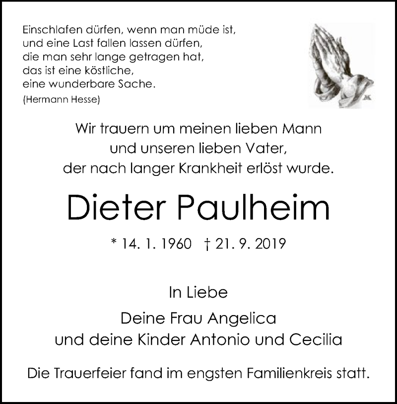  Traueranzeige für Dieter Paulheim vom 05.10.2019 aus HNA
