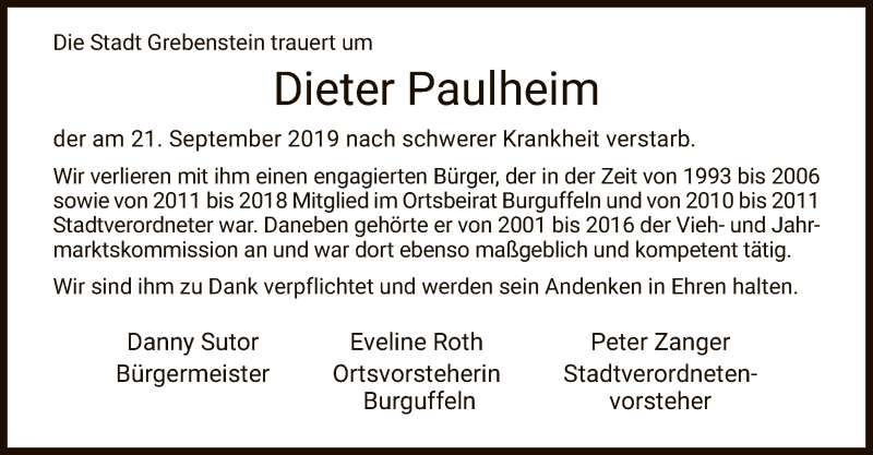  Traueranzeige für Dieter Paulheim vom 05.10.2019 aus HNA