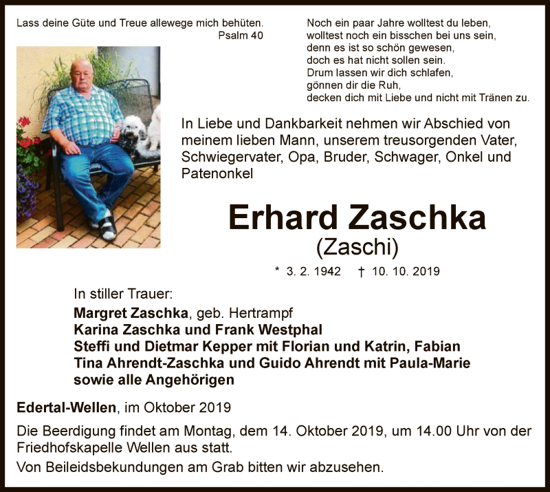 Traueranzeige für Erhard Zaschka vom 11.10.2019 aus HNA