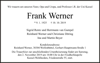 Traueranzeige von Frank Werner von HNA