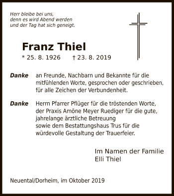 Traueranzeige von Franz Thiel von HNA