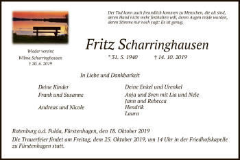 Traueranzeige von Fritz Scharringhausen von HNA