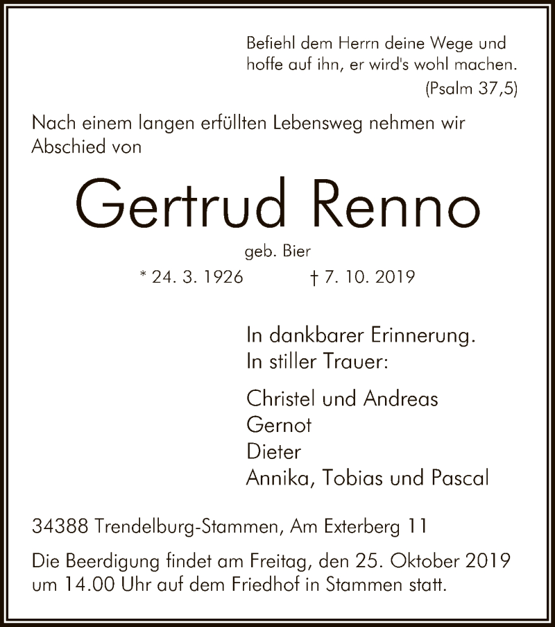  Traueranzeige für Gertrud Renno vom 19.10.2019 aus HNA