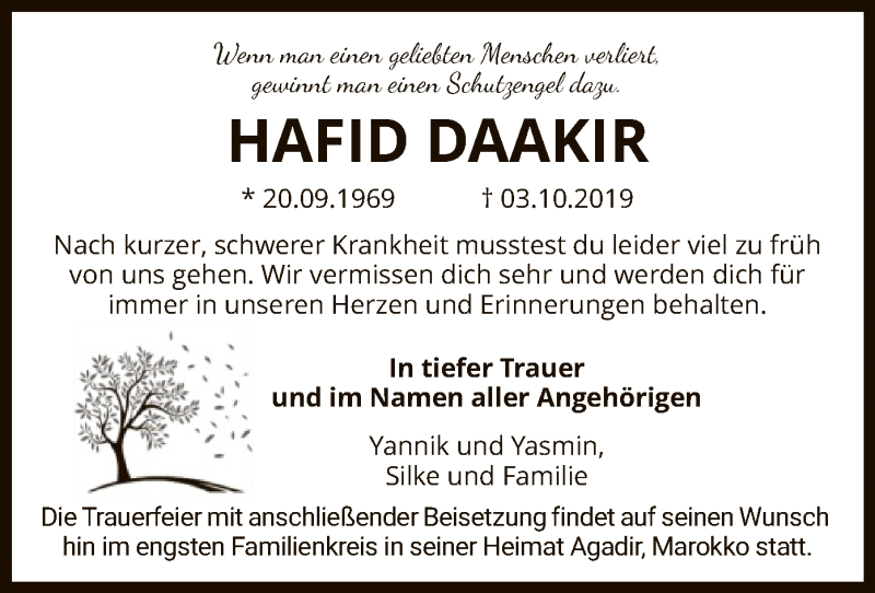  Traueranzeige für Hafid Daakir vom 09.10.2019 aus HNA
