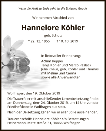 Traueranzeige von Hannelore Köhler von HNA