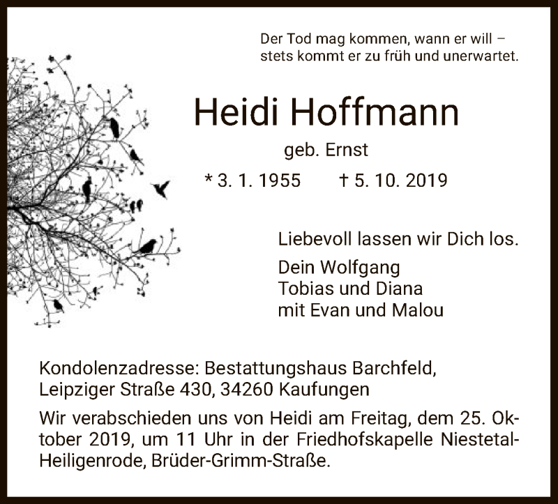  Traueranzeige für Heidi Hoffmann vom 19.10.2019 aus HNA