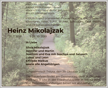 Traueranzeige von Heinz Mikolajzak von HNA