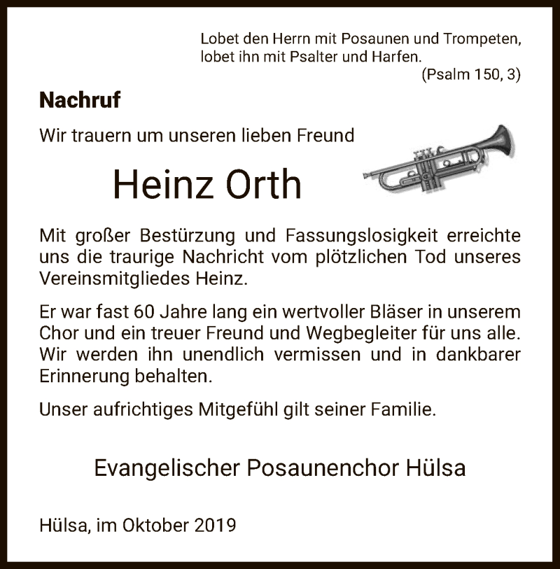  Traueranzeige für Heinz Orth vom 17.10.2019 aus HNA