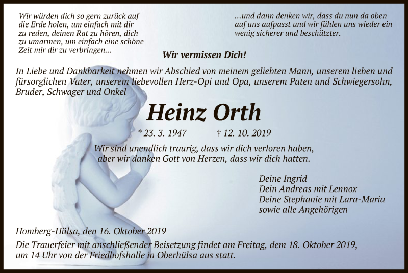  Traueranzeige für Heinz Orth vom 16.10.2019 aus HNA