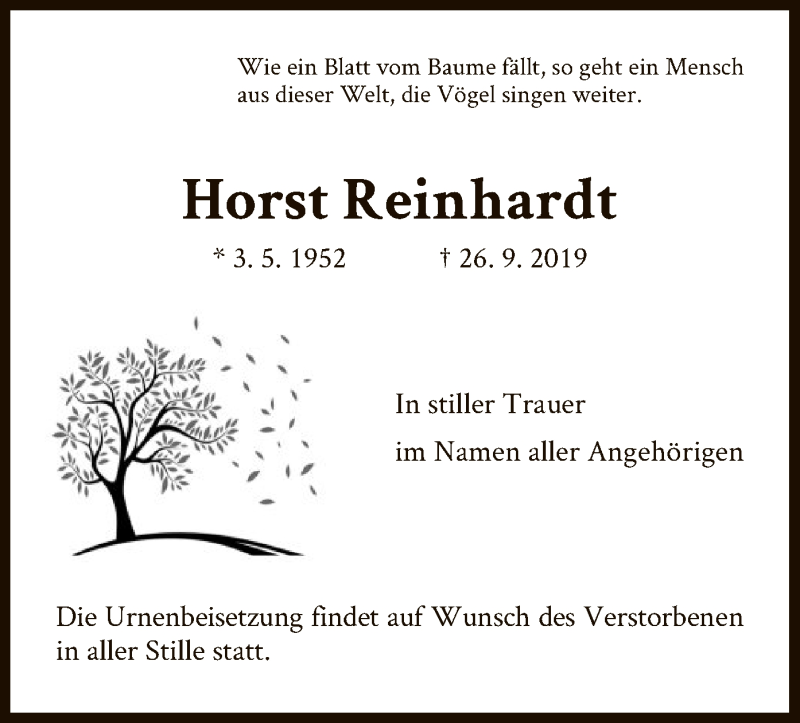  Traueranzeige für Horst Reinhardt vom 12.10.2019 aus HNA