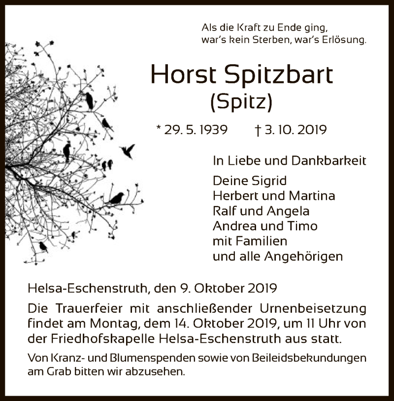  Traueranzeige für Horst Spitzbart vom 09.10.2019 aus HNA