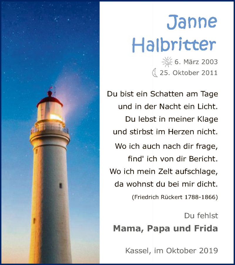  Traueranzeige für Janne Halbritter vom 25.10.2019 aus HNA