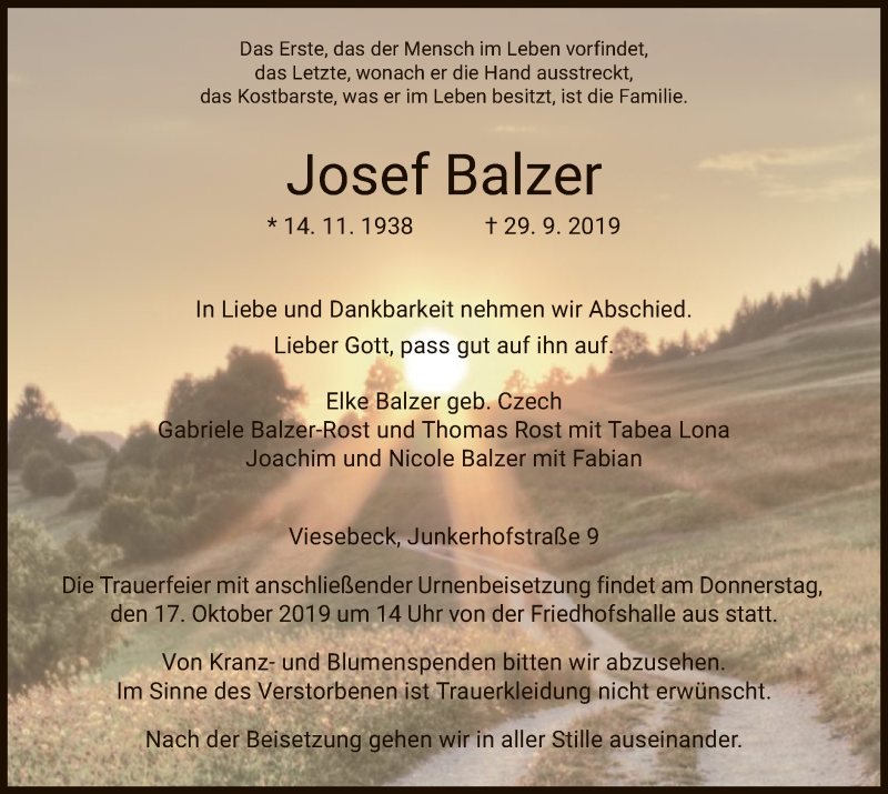  Traueranzeige für Josef Balzer vom 12.10.2019 aus HNA