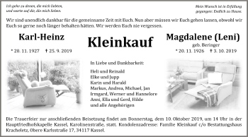 Traueranzeige von Karl-Heinz und Magdalene Kleinkauf von HNA