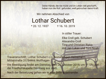 Traueranzeige von Lothar Schubert von HNA