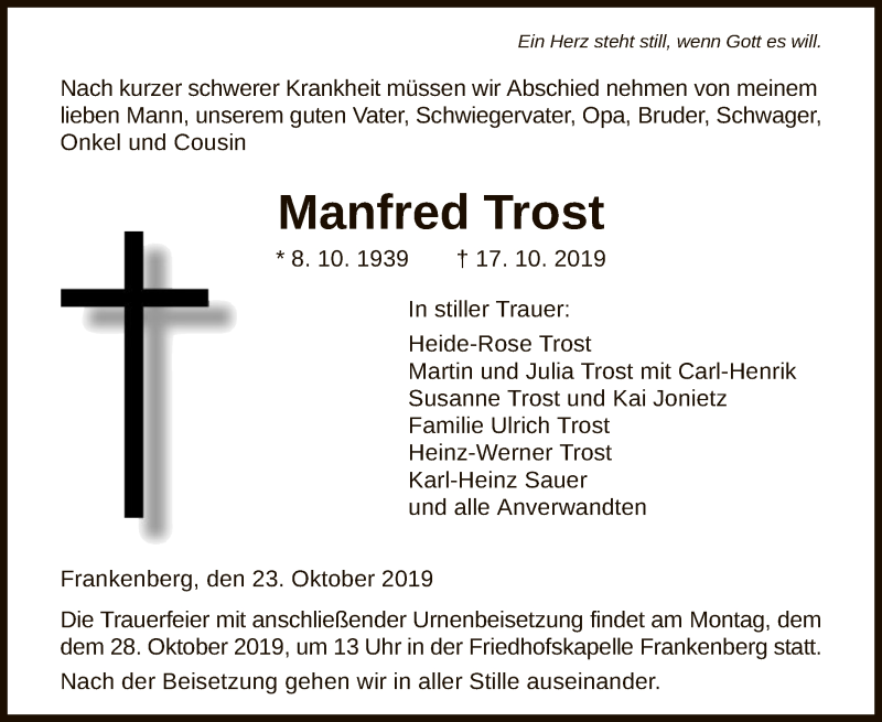  Traueranzeige für Manfred Trost vom 23.10.2019 aus HNA