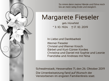 Traueranzeige von Margarete Fieseler von HNA