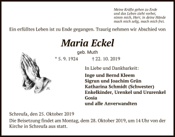 Traueranzeige von Maria Eckel von HNA