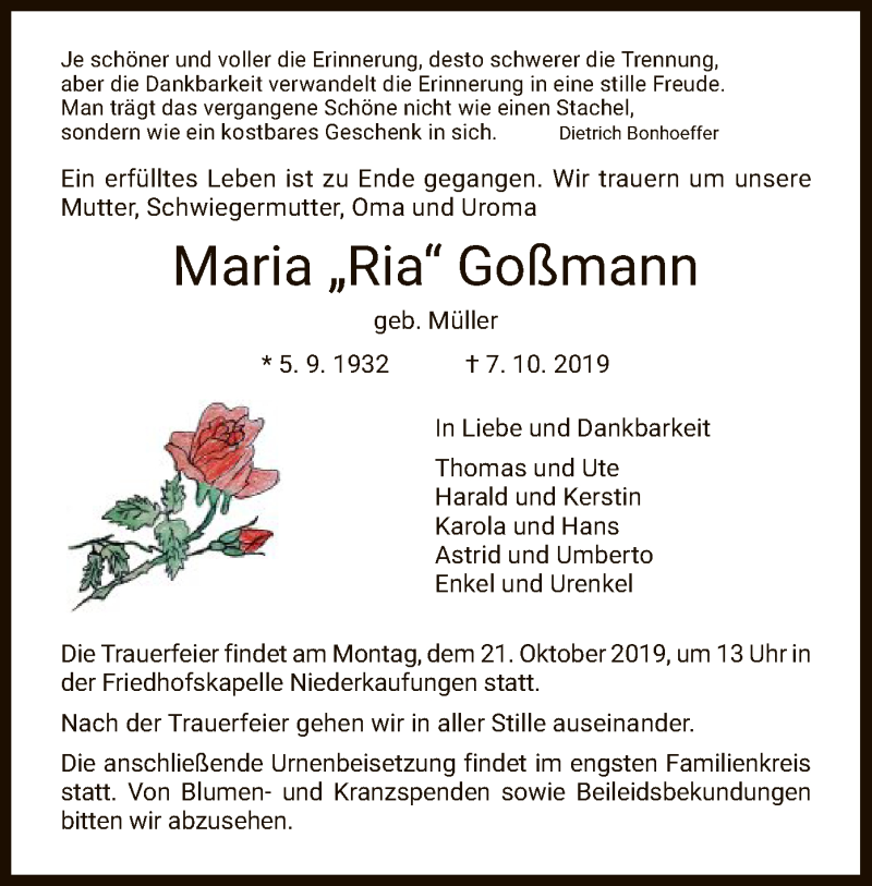  Traueranzeige für Maria Goßmann vom 12.10.2019 aus HNA