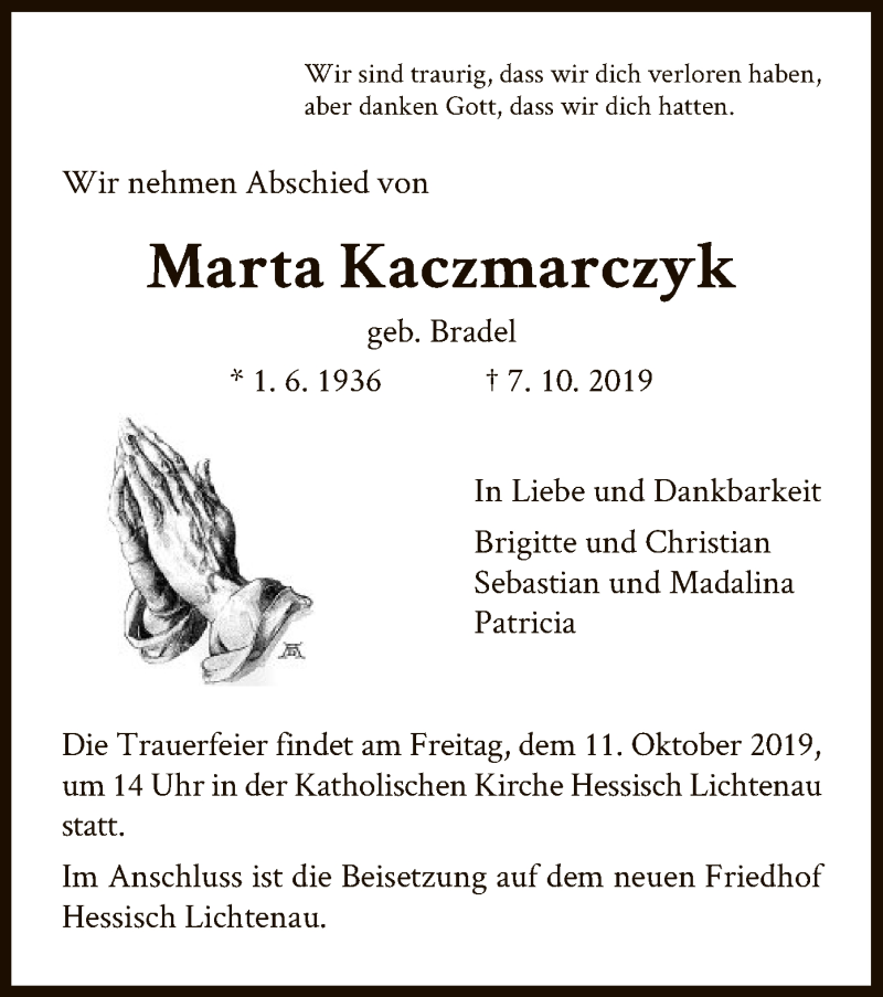  Traueranzeige für Marta Kaczmarczyk vom 10.10.2019 aus HNA