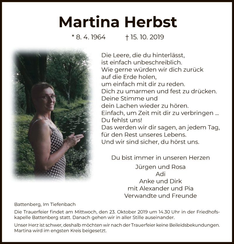  Traueranzeige für Martina Herbst vom 21.10.2019 aus HNA