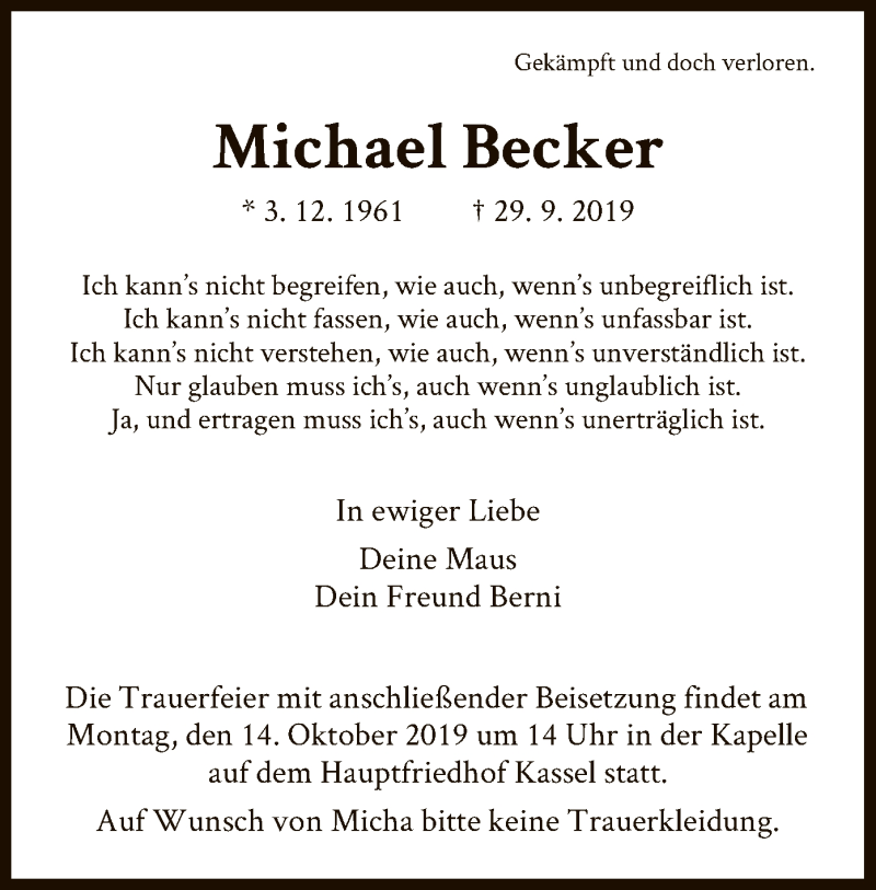 Traueranzeigen Von Michael Becker Trauer Hna De