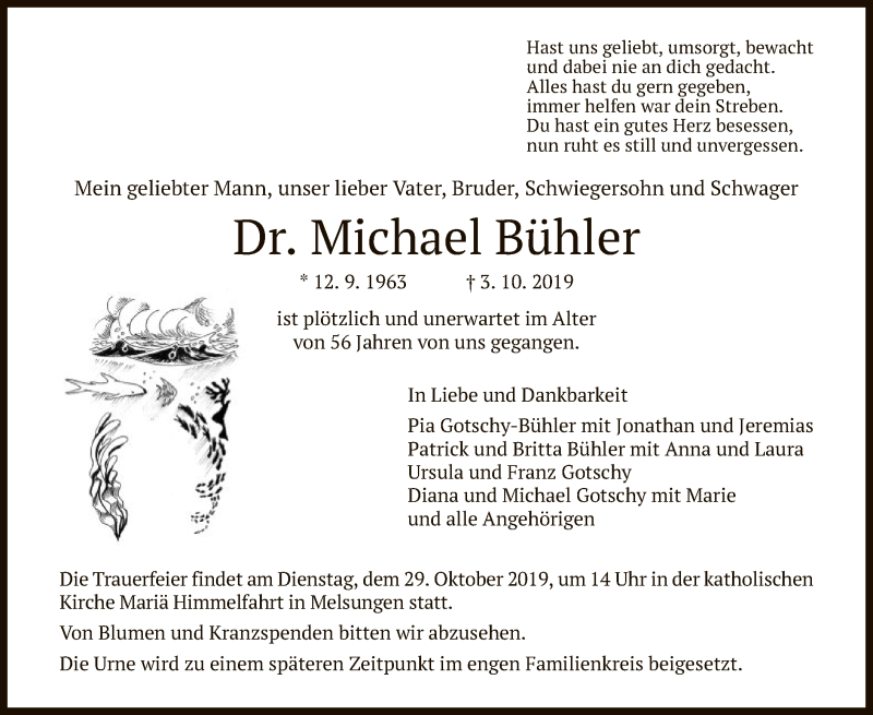  Traueranzeige für Michael Bühler vom 26.10.2019 aus HNA