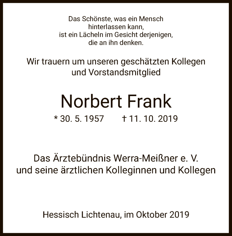  Traueranzeige für Norbert Frank vom 26.10.2019 aus HNA