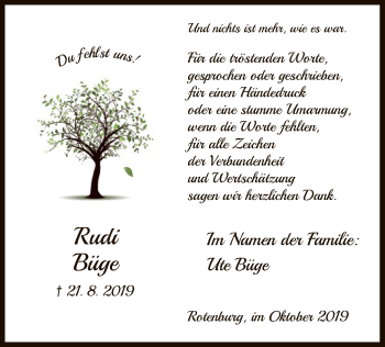 Traueranzeige von Rudi Büge von HNA