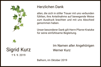 Traueranzeige von Sigrid Kurz von HNA