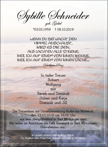 Traueranzeige von Sybille Schneider von HNA