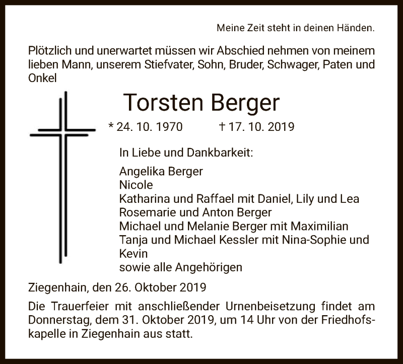  Traueranzeige für Torsten Berger vom 26.10.2019 aus HNA