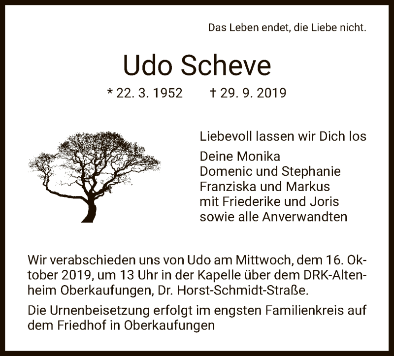  Traueranzeige für Udo Scheve vom 05.10.2019 aus HNA