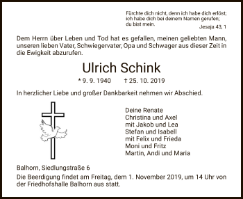 Traueranzeige von Ulrich Schink von HNA