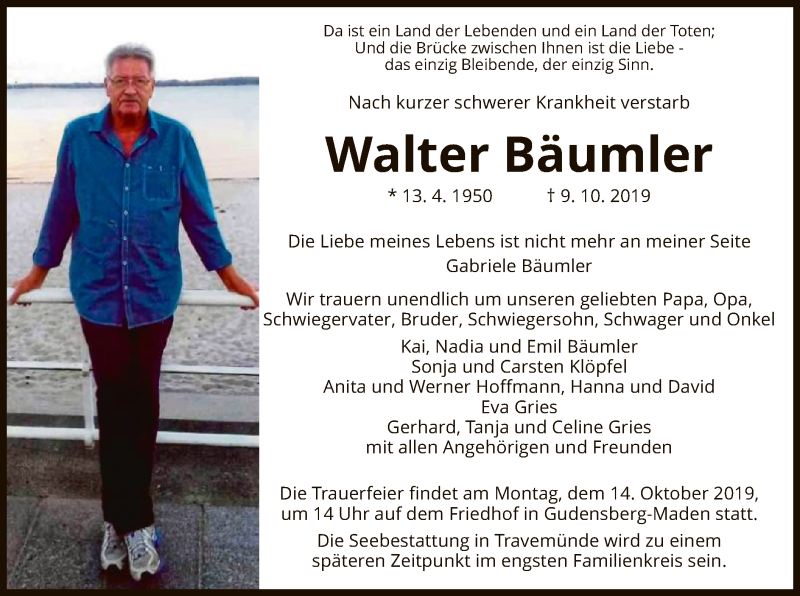  Traueranzeige für Walter Bäumler vom 12.10.2019 aus HNA