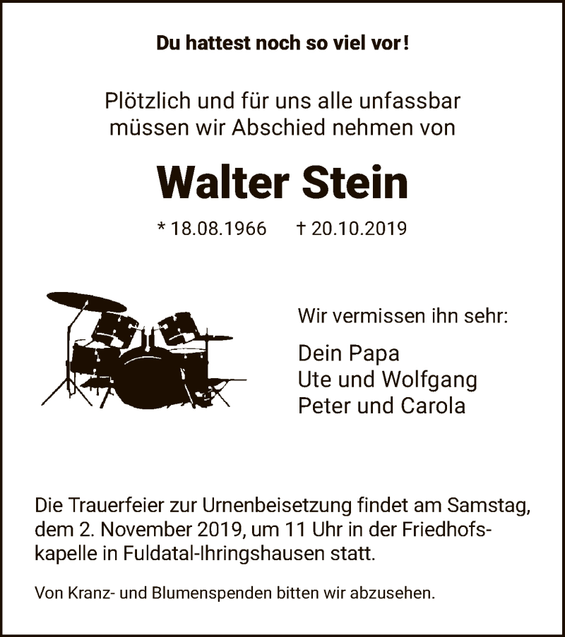  Traueranzeige für Walter Stein vom 31.10.2019 aus HNA