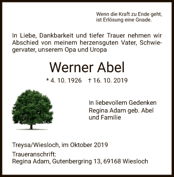 Traueranzeige von Werner Abel von HNA