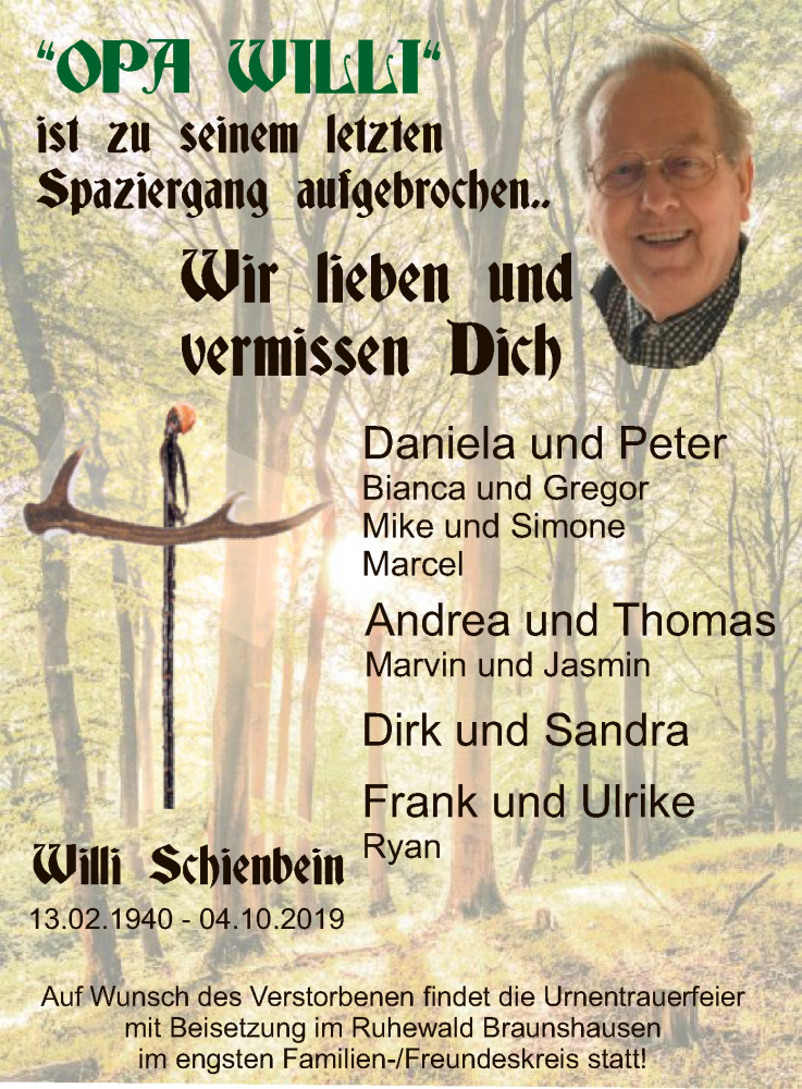  Traueranzeige für Willi Schienbein vom 09.10.2019 aus HNA