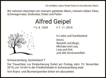 Traueranzeige von Alfred Geipel von HNA