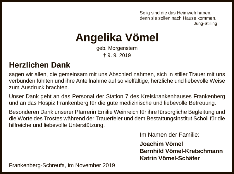  Traueranzeige für Angelika Vömel vom 02.11.2019 aus HNA