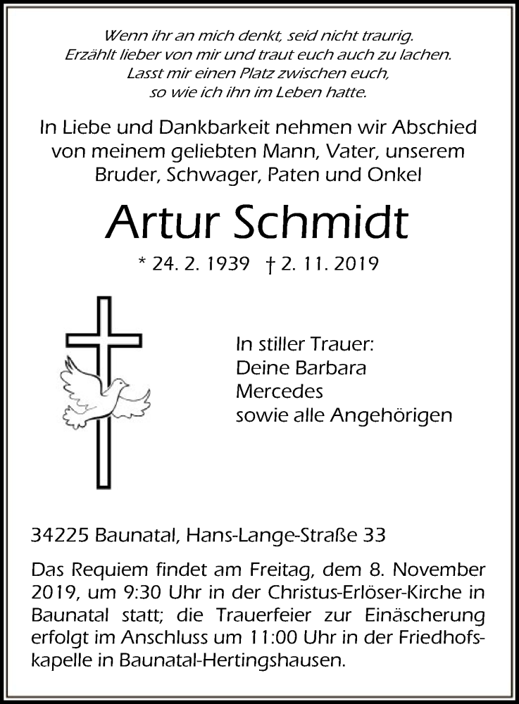  Traueranzeige für Artur Schmidt vom 05.11.2019 aus HNA